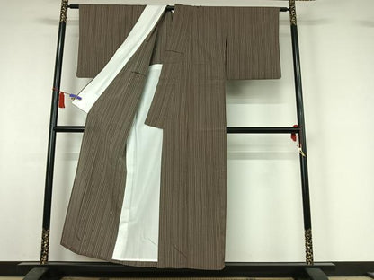 平和屋着物▽本塩沢　単衣　やまだ織　縞　証紙付き　正絹　逸品　AABI5070jh