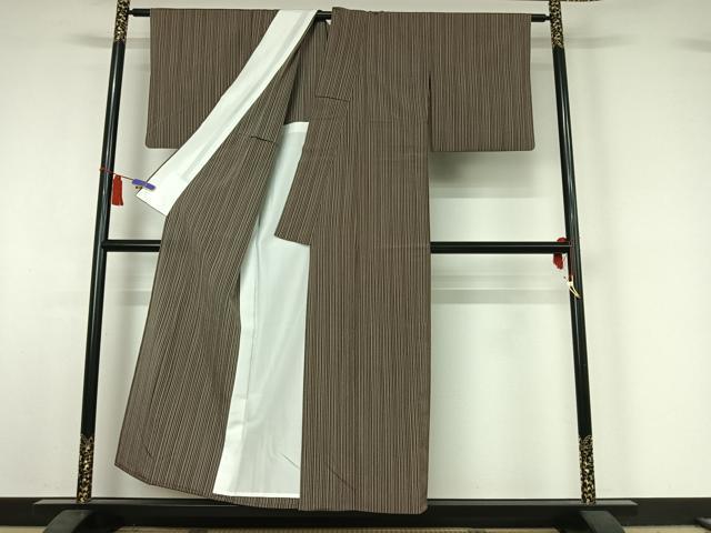 平和屋着物▽本塩沢　単衣　やまだ織　縞　証紙付き　正絹　逸品　AABI5070jh