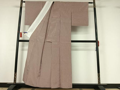平和屋着物▽上質な紬　単衣　縞　三越扱い　正絹　逸品　AABI5072jh