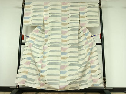 平和屋着物▽上質な紬　単衣　横段文　正絹　逸品　AABI5074jh