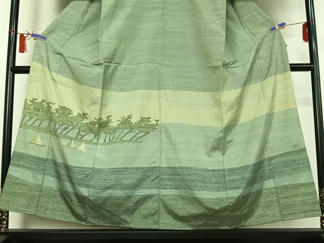 平和屋着物▽絲藝苑　上島洋山　色留訪問着　単衣　紬地　風景文　正絹　逸品　AABI5075jh