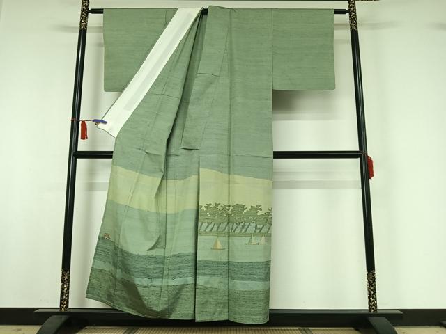 平和屋着物▽絲藝苑　上島洋山　色留訪問着　単衣　紬地　風景文　正絹　逸品　AABI5075jh