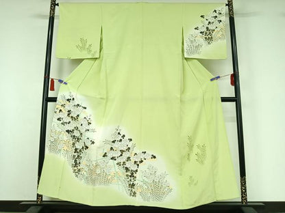 平和屋着物▽訪問着　単衣　手描き　草花文　暈し染め　金彩　正絹　逸品　AABI5076jh