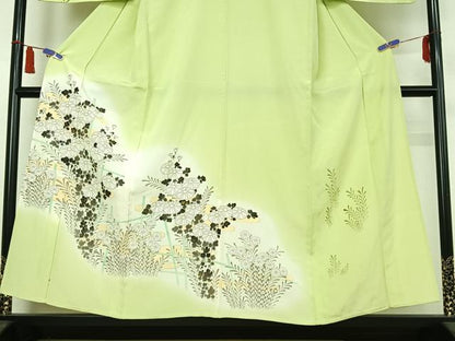 平和屋着物▽訪問着　単衣　手描き　草花文　暈し染め　金彩　正絹　逸品　AABI5076jh