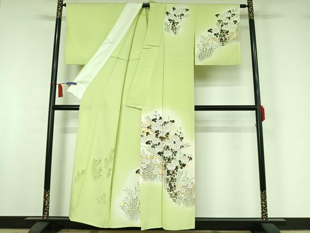 平和屋着物▽訪問着　単衣　手描き　草花文　暈し染め　金彩　正絹　逸品　AABI5076jh