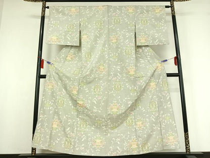 平和屋着物▽上質な紬　単衣　草花文　正絹　逸品　AABI5077jh