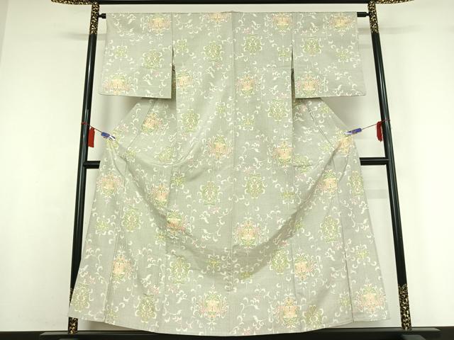 平和屋着物▽上質な紬　単衣　草花文　正絹　逸品　AABI5077jh