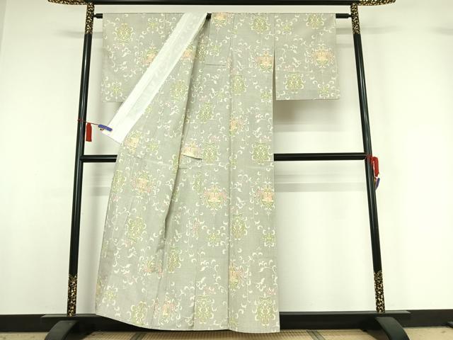 平和屋着物▽上質な紬　単衣　草花文　正絹　逸品　AABI5077jh