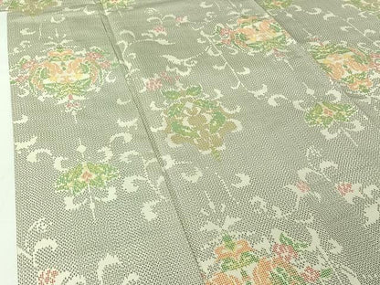 平和屋着物▽上質な紬　単衣　草花文　正絹　逸品　AABI5077jh