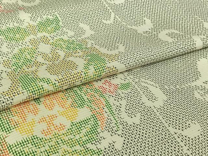 平和屋着物▽上質な紬　単衣　草花文　正絹　逸品　AABI5077jh
