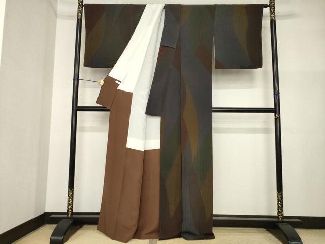 平和屋着物●上質な小紋　幾何学文様　鬼しぼ縮緬　正絹　逸品　AABI5081ck
