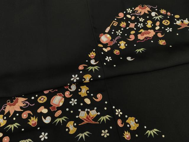 平和屋着物●羽織　総駒刺繍　宝尽くし　黒地　正絹　逸品　未使用　AABI5095ck 平和屋着物○羽織 総駒刺繍 宝尽くし 黒地 正絹 逸品 未使用 AABI5095ck