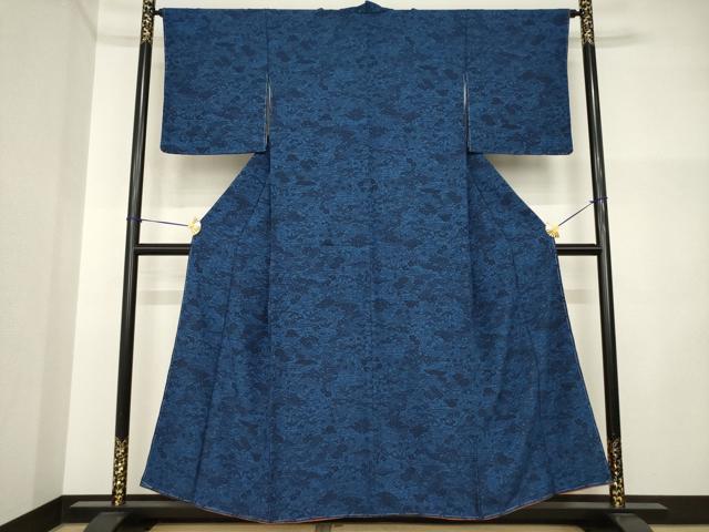 平和屋着物●上質な小紋　藍　型染め　花籬文　正絹　逸品　AABI5099ck