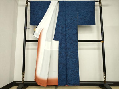 平和屋着物●上質な小紋　藍　型染め　花籬文　正絹　逸品　AABI5099ck