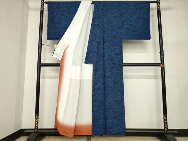 平和屋着物●上質な小紋　藍　型染め　花籬文　正絹　逸品　AABI5099ck