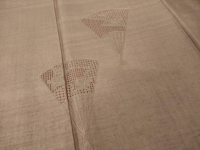 平和屋着物●結城紬　訪問着　総刺繍　中国三大刺繍　スワトウ刺繍　汕頭刺繍　扇面花文　正絹　逸品　AABI5100ck