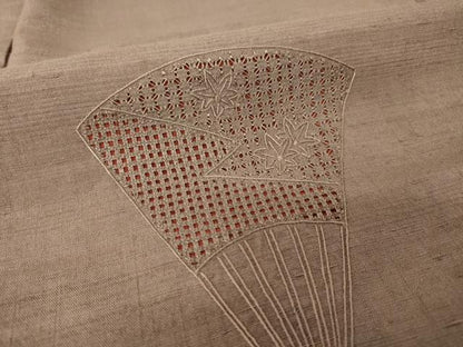 平和屋着物●結城紬　訪問着　総刺繍　中国三大刺繍　スワトウ刺繍　汕頭刺繍　扇面花文　正絹　逸品　AABI5100ck