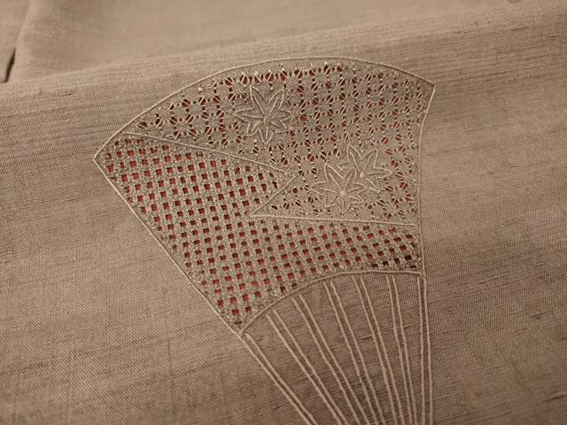 平和屋着物●結城紬　訪問着　総刺繍　中国三大刺繍　スワトウ刺繍　汕頭刺繍　扇面花文　正絹　逸品　AABI5100ck