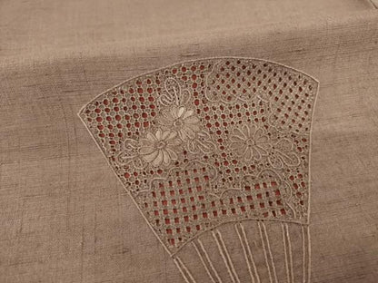 平和屋着物●結城紬　訪問着　総刺繍　中国三大刺繍　スワトウ刺繍　汕頭刺繍　扇面花文　正絹　逸品　AABI5100ck