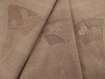 平和屋着物●結城紬　訪問着　総刺繍　中国三大刺繍　スワトウ刺繍　汕頭刺繍　扇面花文　正絹　逸品　AABI5100ck