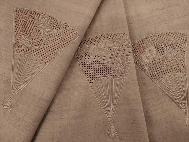 平和屋着物●結城紬　訪問着　総刺繍　中国三大刺繍　スワトウ刺繍　汕頭刺繍　扇面花文　正絹　逸品　AABI5100ck