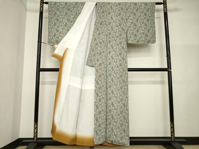 平和屋着物●上質な小紋　型染め　唐松と竹　鬼しぼ縮緬　正絹　逸品　未使用　AABI5105ck