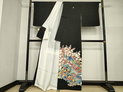 平和屋着物●豪華黒留袖　友禅　作家物　花鳥文　正絹　逸品　AABI5107ck