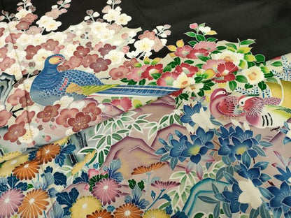 平和屋着物●豪華黒留袖　友禅　作家物　花鳥文　正絹　逸品　AABI5107ck