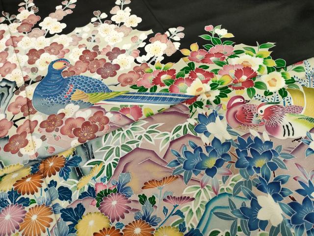 平和屋着物●豪華黒留袖　友禅　作家物　花鳥文　正絹　逸品　AABI5107ck
