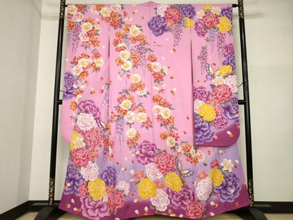 平和屋着物●豪華振袖　花蝶文　ラインストーン　暈し染め　金糸　銀通し地　正絹　逸品　AABI5117ck