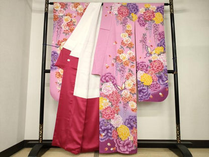 平和屋着物●豪華振袖　花蝶文　ラインストーン　暈し染め　金糸　銀通し地　正絹　逸品　AABI5117ck