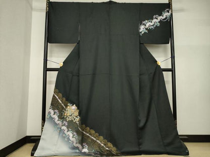 平和屋着物●訪問着　馬車　ラインストーン　暈し染め　黒地　金彩　ロング丈　正絹　逸品　AABI5121ck