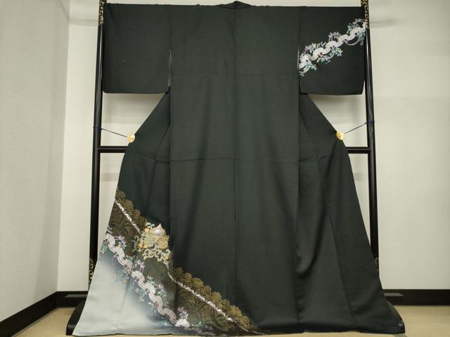 平和屋着物●訪問着　馬車　ラインストーン　暈し染め　黒地　金彩　ロング丈　正絹　逸品　AABI5121ck