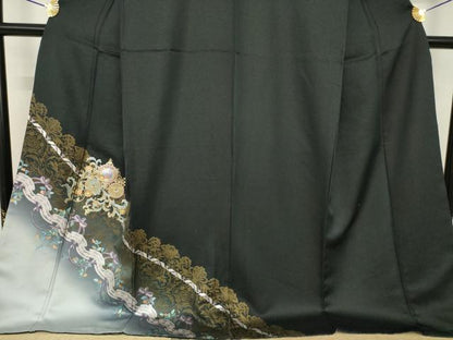 平和屋着物●訪問着　馬車　ラインストーン　暈し染め　黒地　金彩　ロング丈　正絹　逸品　AABI5121ck