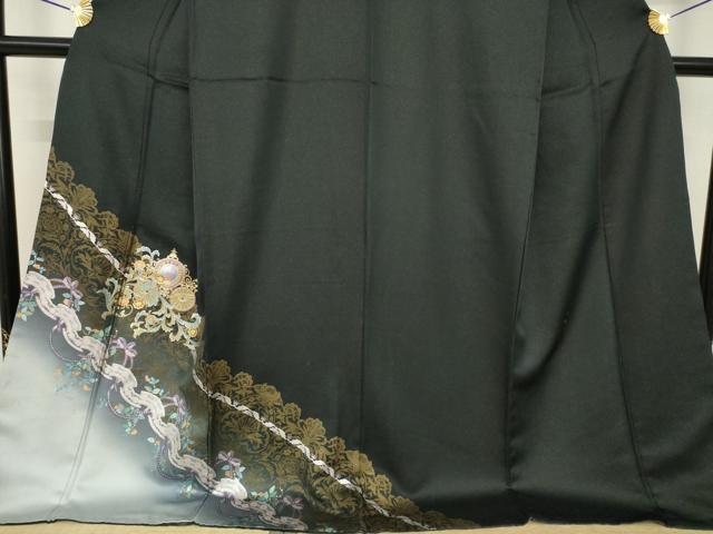 平和屋着物●訪問着　馬車　ラインストーン　暈し染め　黒地　金彩　ロング丈　正絹　逸品　AABI5121ck