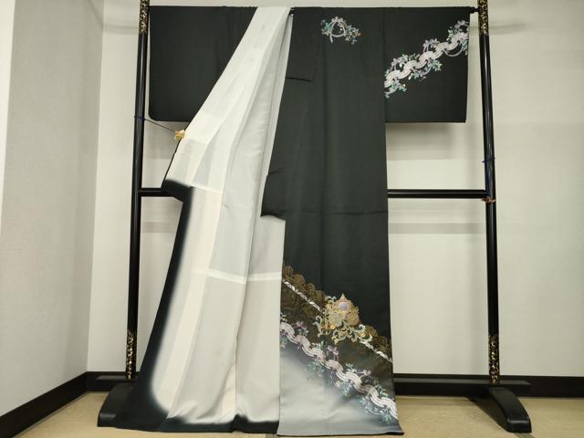 平和屋着物●訪問着　馬車　ラインストーン　暈し染め　黒地　金彩　ロング丈　正絹　逸品　AABI5121ck