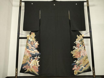 平和屋着物●アンティーク　大正ロマン　黒留袖　刺繍　風景文　金彩　正絹　逸品　AABI5122ck