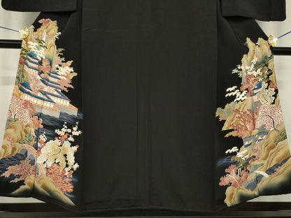 平和屋着物●アンティーク　大正ロマン　黒留袖　刺繍　風景文　金彩　正絹　逸品　AABI5122ck