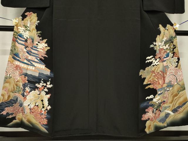 平和屋着物●アンティーク　大正ロマン　黒留袖　刺繍　風景文　金彩　正絹　逸品　AABI5122ck