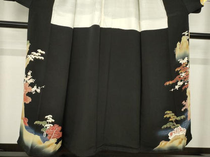 平和屋着物●アンティーク　大正ロマン　黒留袖　刺繍　風景文　金彩　正絹　逸品　AABI5122ck