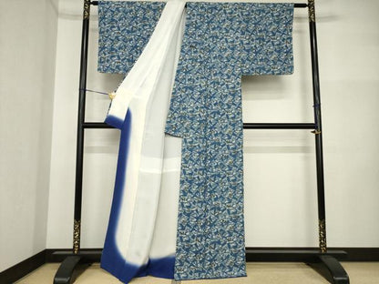 平和屋着物●上質な小紋　藍　型染め　扇面花文　正絹　逸品　AABI5126ck