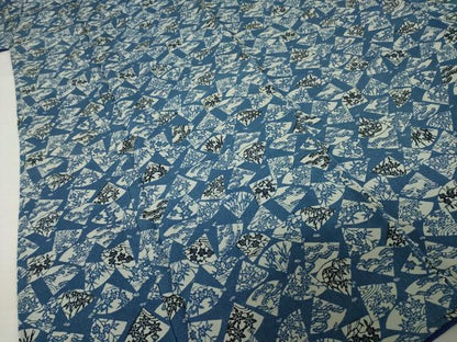 平和屋着物●上質な小紋　藍　型染め　扇面花文　正絹　逸品　AABI5126ck