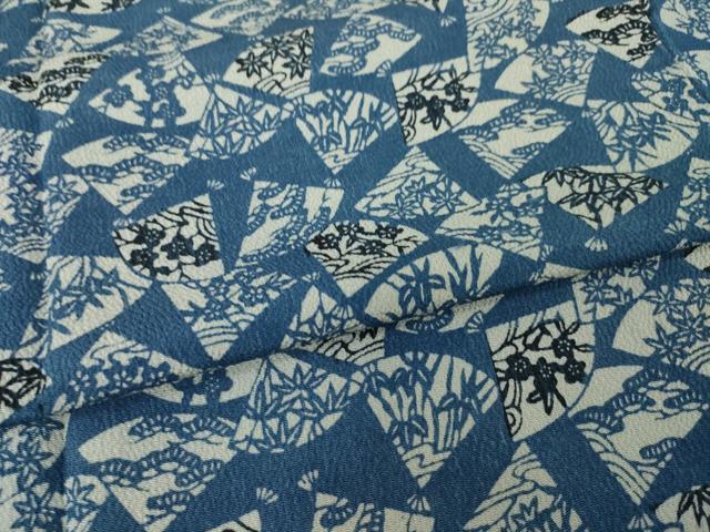 平和屋着物●上質な小紋　藍　型染め　扇面花文　正絹　逸品　AABI5126ck