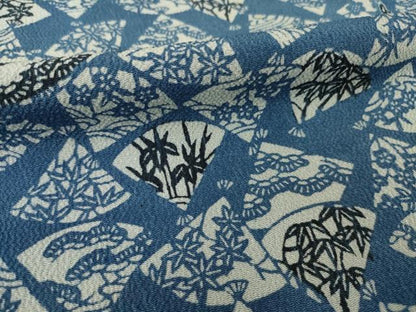 平和屋着物●上質な小紋　藍　型染め　扇面花文　正絹　逸品　AABI5126ck