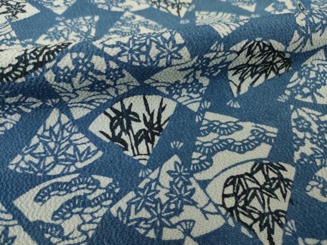 平和屋着物●上質な小紋　藍　型染め　扇面花文　正絹　逸品　AABI5126ck