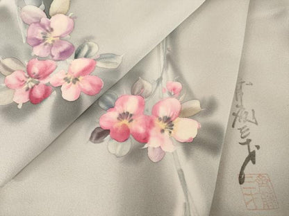 平和屋着物●染色作家　斉藤三才　小紋　草花文　正絹　逸品　AABI5141ck