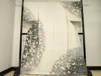 平和屋着物●訪問着　刺繍　枝花文　暈し染め　金彩　銀糸　ロング丈　正絹　逸品　AABI5143ck