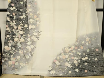 平和屋着物●訪問着　刺繍　枝花文　暈し染め　金彩　銀糸　ロング丈　正絹　逸品　AABI5143ck