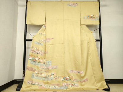 平和屋着物●訪問着　友禅　鴛鴦花文　金彩　ロング丈　正絹　逸品　AABI5145ck