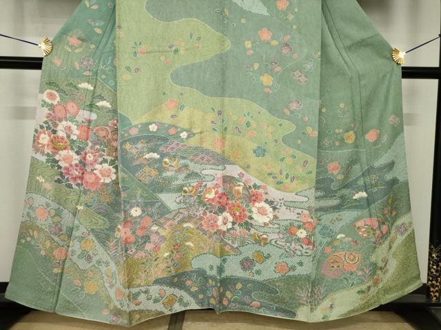 平和屋着物●訪問着　地紙鴛鴦御所車花文　金彩　正絹　逸品　AABI5150ck